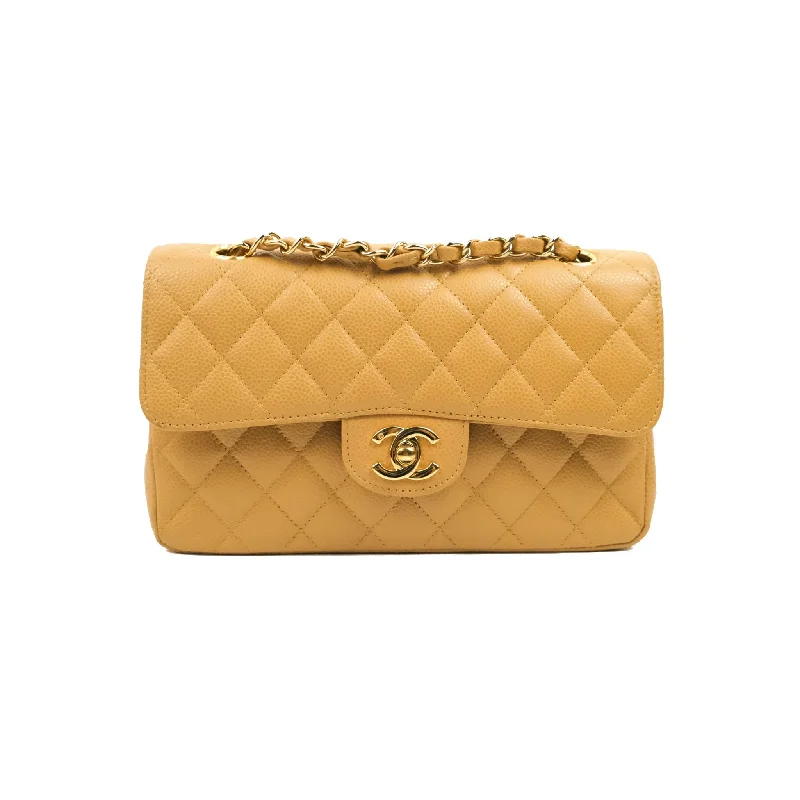 Chanel S/M Small Classic Quilted Flap Dark Beige Caviar 24K Gold Hardware