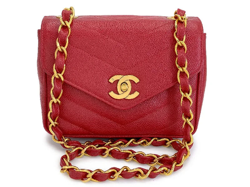 Chanel 1994 Vintage Red Caviar Mini Flap Bag Chevron 24k GHW 3ZJ