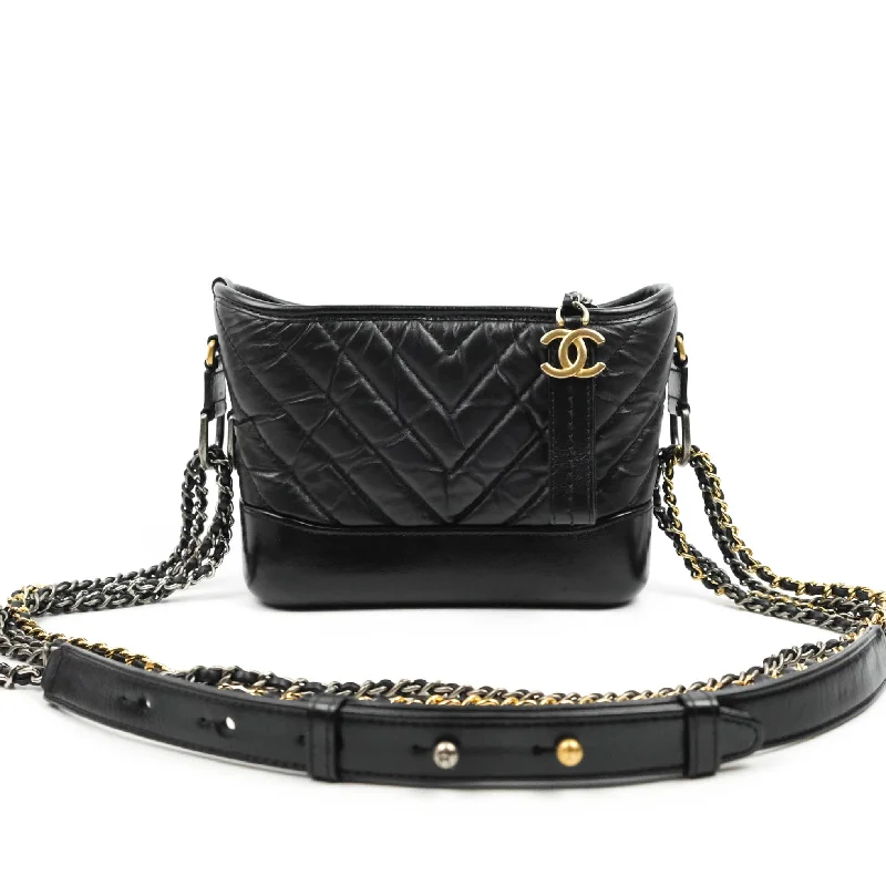 Chanel Quilted Small Gabrielle Hobo Black Chevron Aged Calfskin Mixed Hardware