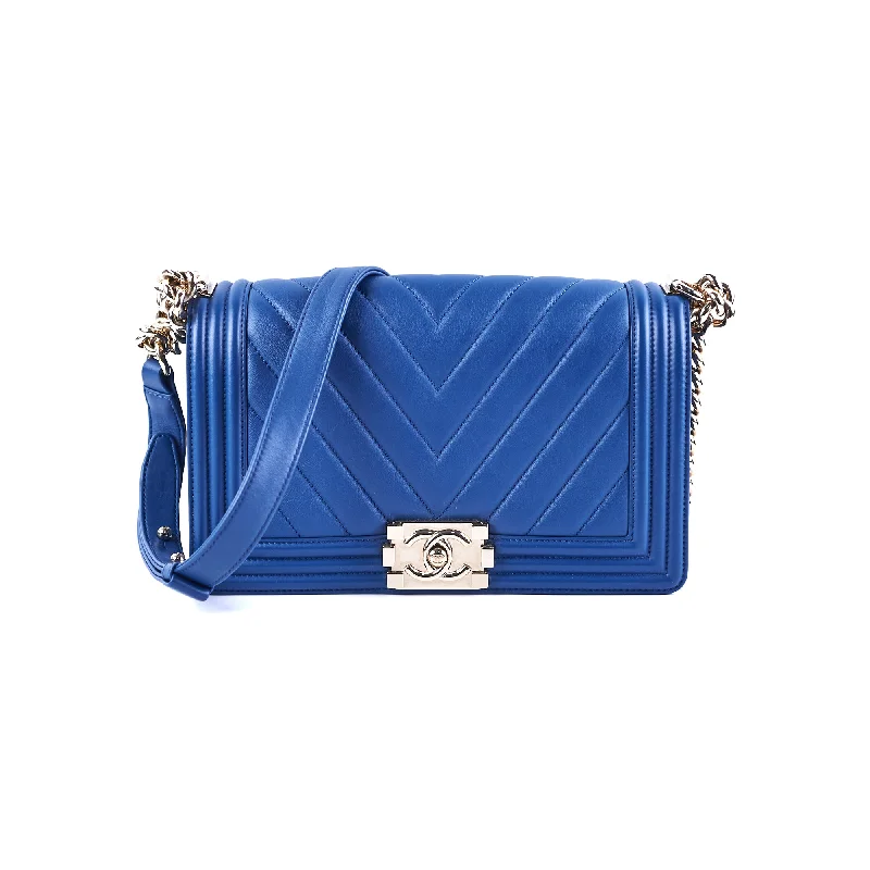 Chanel Old Medium Boy Chevron Lambskin Blue Bag