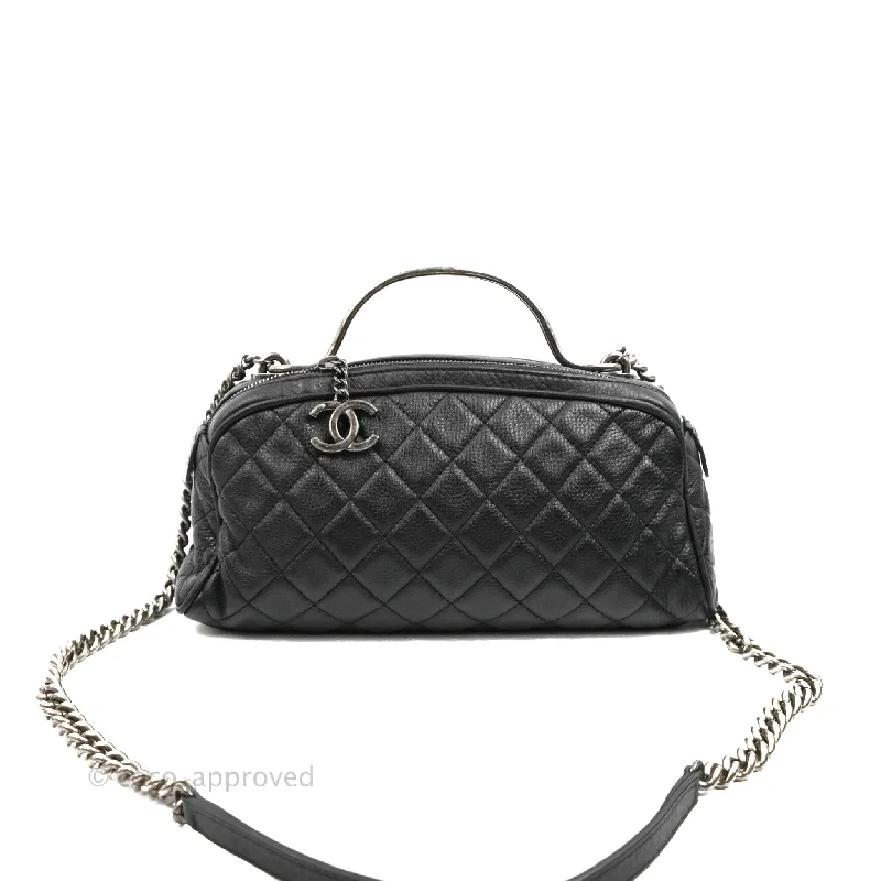 Chanel Quilted Airline Bowling Bag with Handle Black Calfskin Ruthenium Hardware