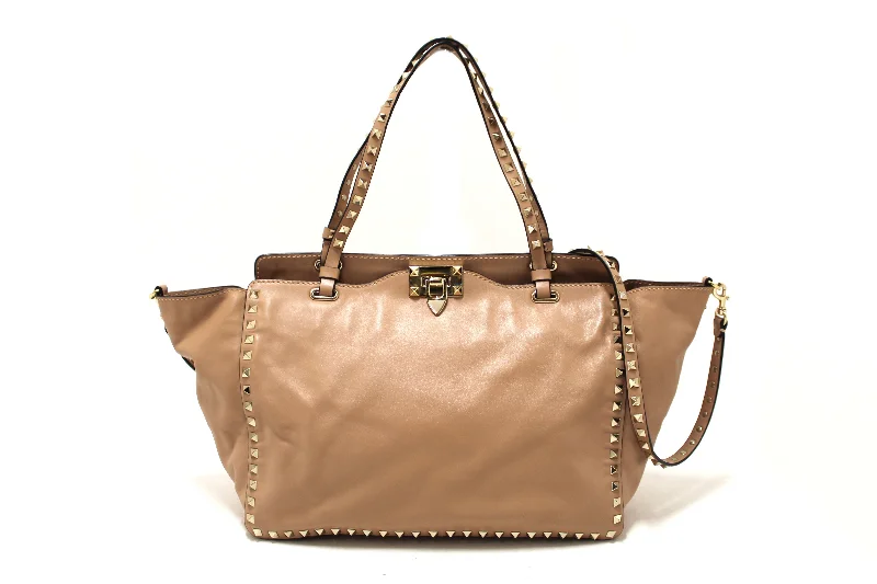 Authentic Valentino Medium Rockstud Beige Nappa Leather Tote Shoulder Bag