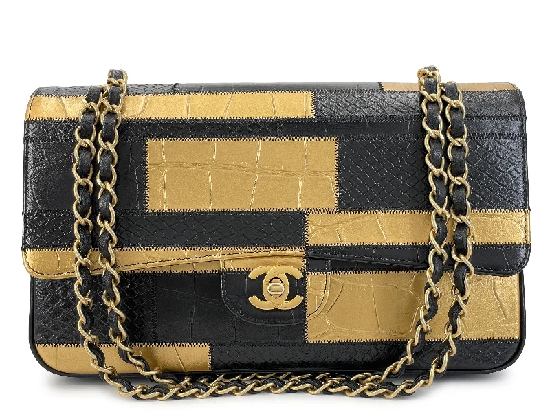 Chanel 19A Egypt Black/Gold Crocodile and Python Print Medium Classic Double Flap Bag GHW Paris-New York 925