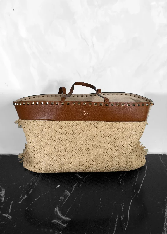 Valentino Garavani Raffia Calfskin Rockstud Shoulder Tote