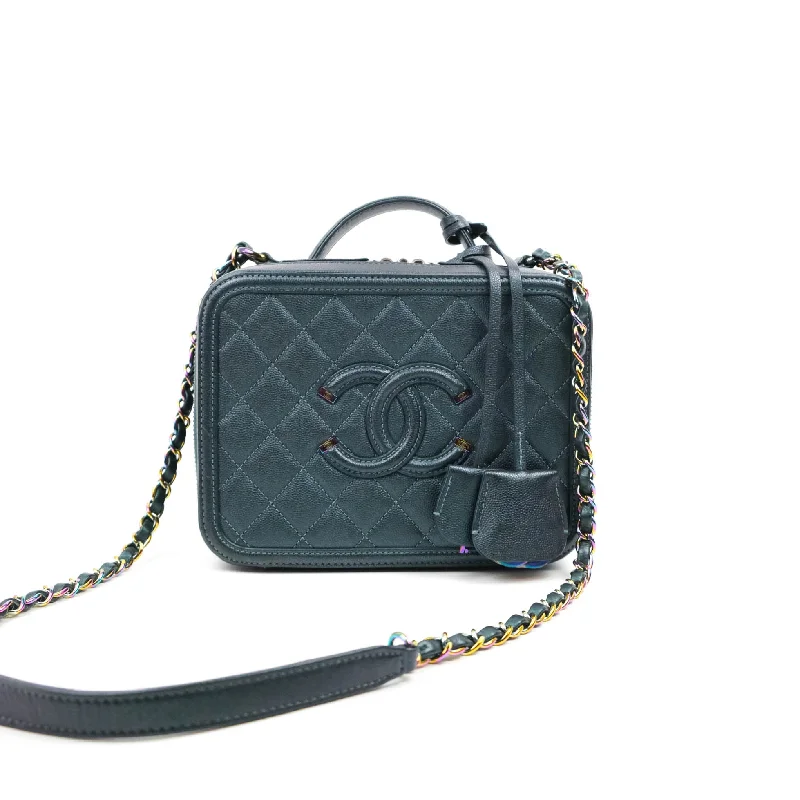 Chanel Quilted Medium CC Filigree Vanity Case Iridescent Dark Turquoise Caviar Rainbow Hardware