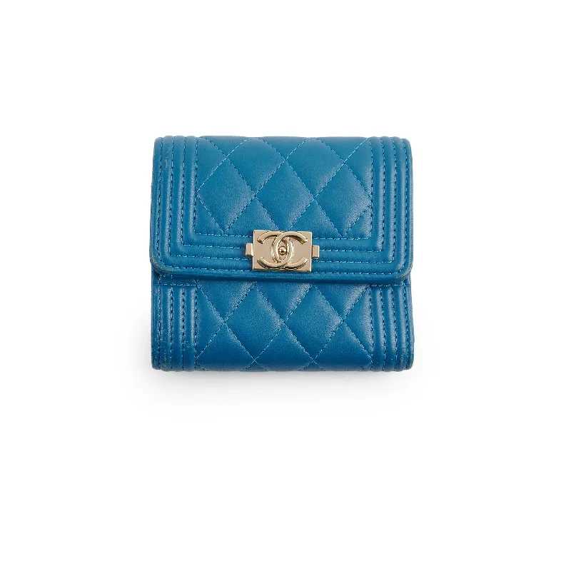 Chanel Boy Lambskin Quilted Flap Wallet Blue