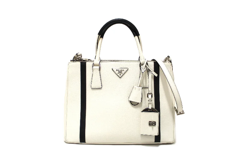 Authentic Prada White and Black Bi-color Saffiano Galleria Large Tote Bag