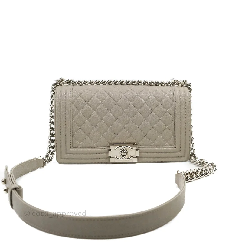 Chanel Quilted Medium Boy Etoupe Grey Caviar Silver Hardware