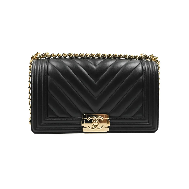 Chanel Medium Boy Chevron Black Calfskin Gold Hardware 19P