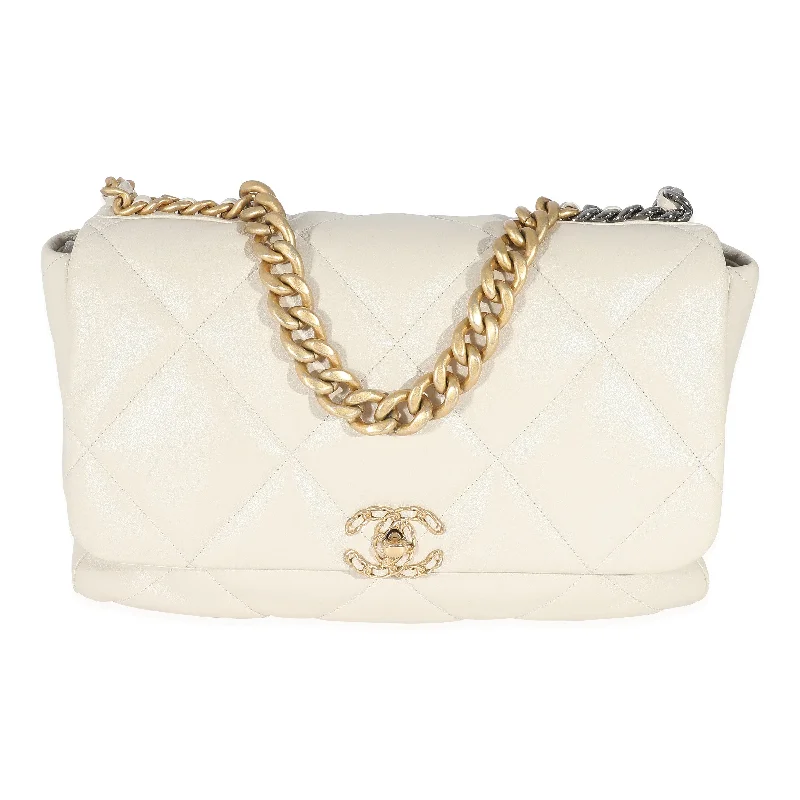 Chanel Ivory Shiny Quilted Lambskin Maxi Chanel 19 Flap Bag