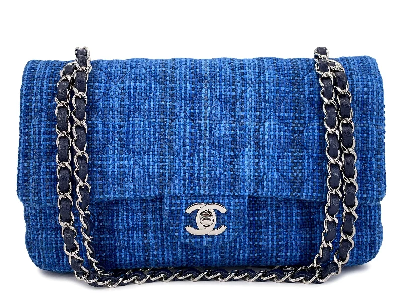 Chanel Blue Tweed Medium Classic Double Flap Bag SHW  QEU