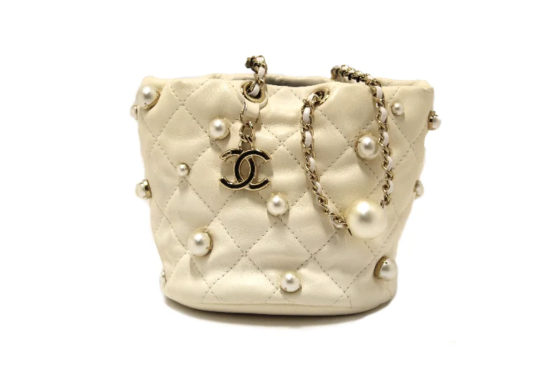 Authentic Chanel Quilted Lambskin with Pearls Mini Drawstring Bucket Bag