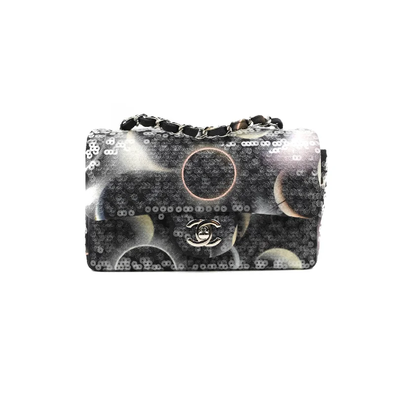 Chanel Mini Rectangular Flap Sequin Printed Canvas Silver Hardware 17K