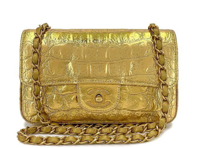 Chanel 19A Gold Crocodile Print Egyptian Mini Flap Bag GHW Paris-New York DG1