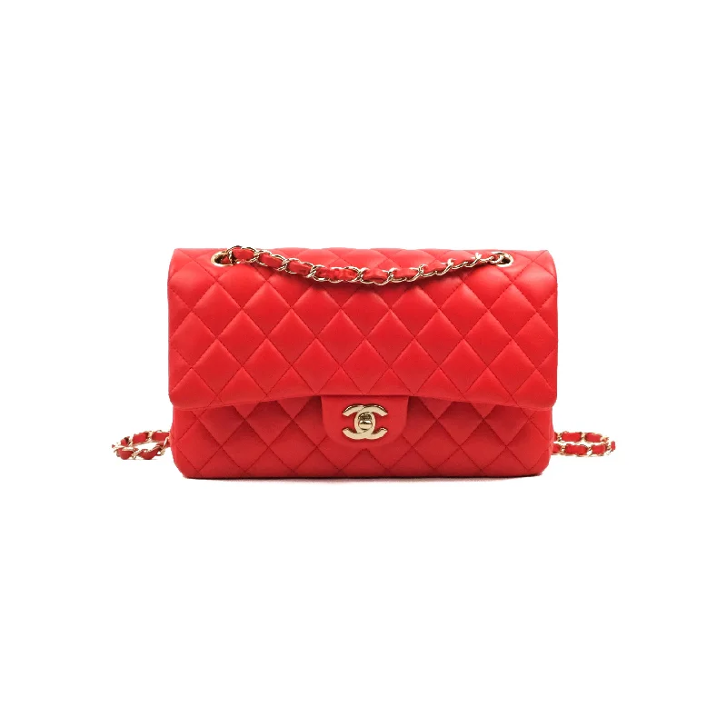 Chanel Classic M/L Medium Double Flap Red Lambskin Gold Hardware