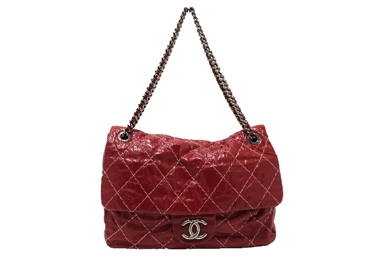 Authentic Chanel Stitch Dark Red Glazed Aged Calfskin Leather Maxi Single Flap Bag