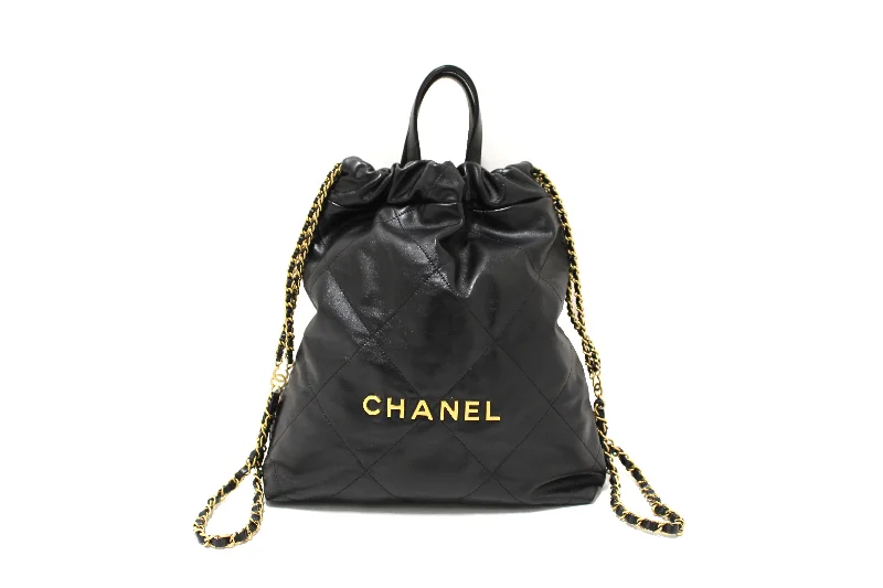 Authentic Chanel Black Chanel 22 Calfskin Leather Drawstring Chain Backpack