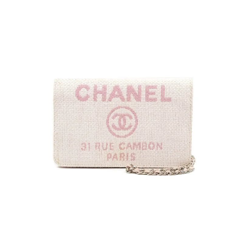 Chanel Deauville Wallet On Chain WOC Pink Canvas Silver Hardware