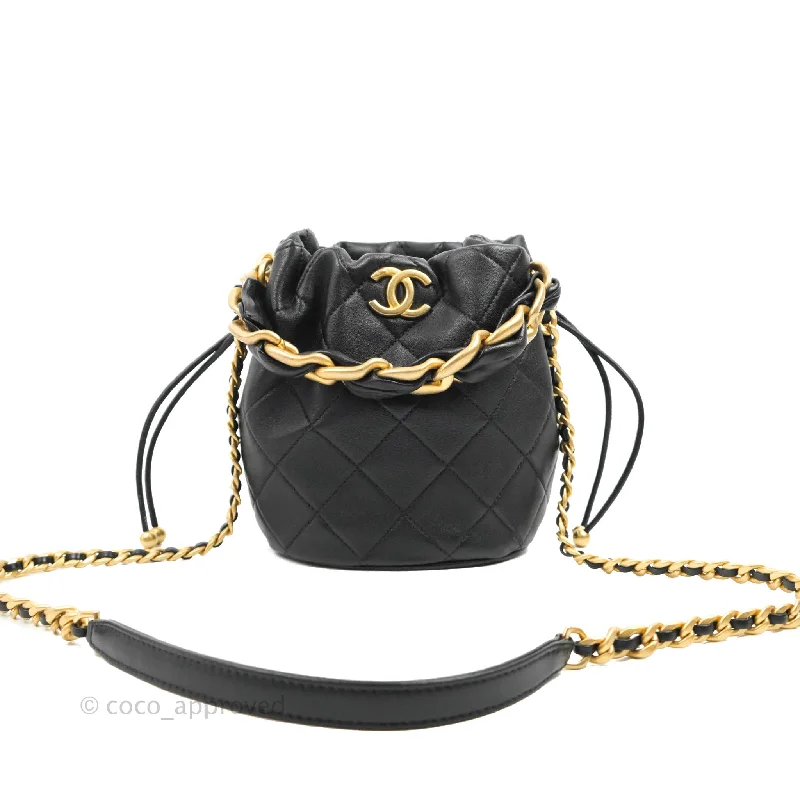 Chanel Small Entwined Chain Drawstring Bucket Bag Black Lambskin Age Gold Hardware