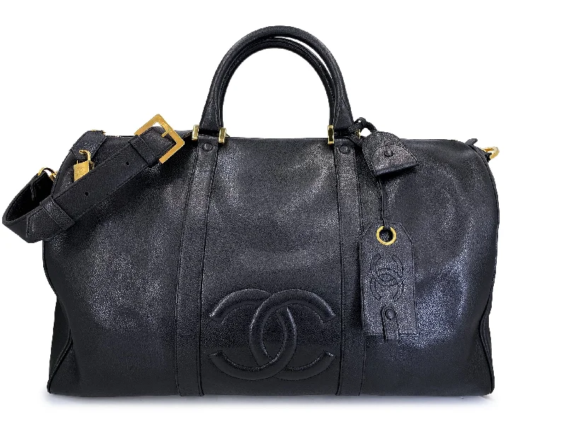 Chanel 1997 Vintage Oversized Black Caviar Duffle Duffel Bag Weekender A3X