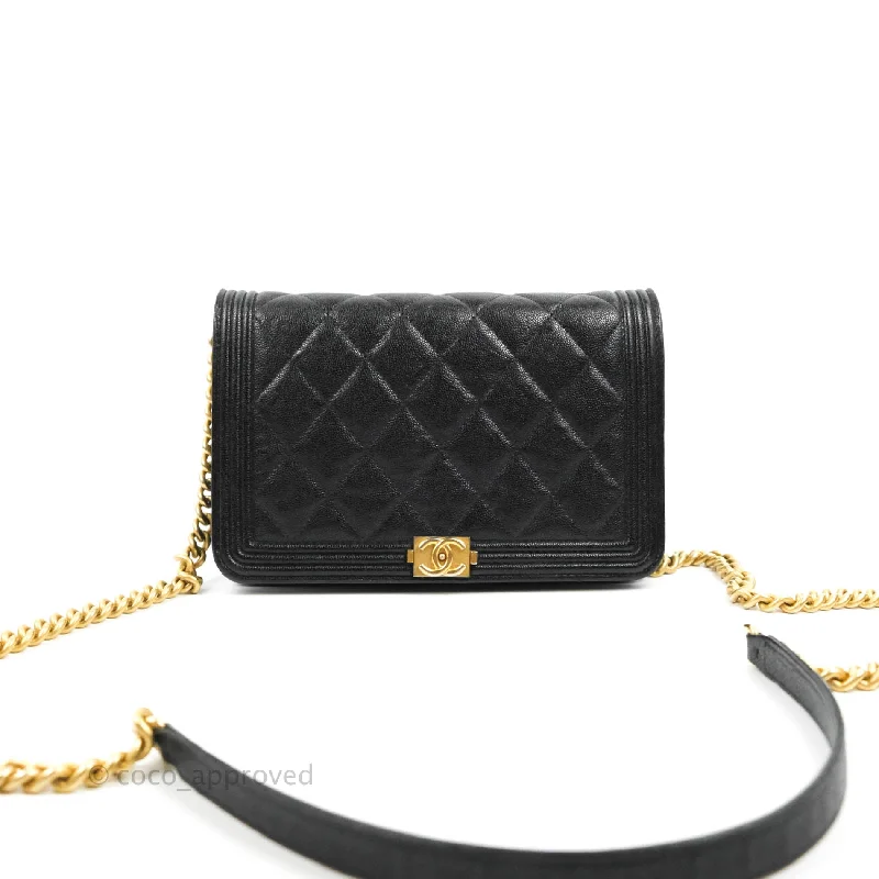 Chanel Quilted Boy Wallet on Chain WOC Black Caviar Aged Gold Hardware