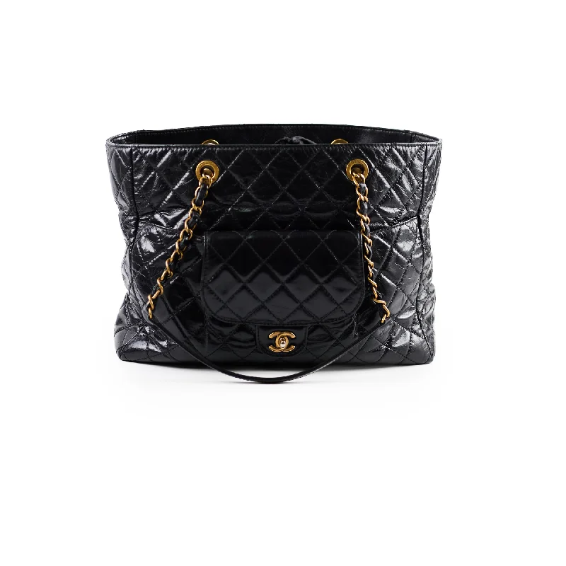 Chanel Shiny Large Front Pocket Calfskin Tote Black