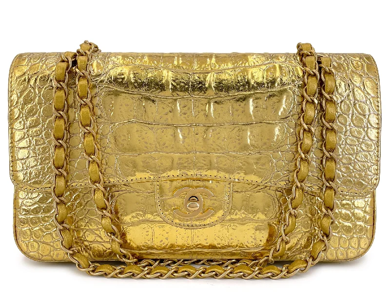 Chanel 19A Gold Crocodile Print Egyptian Medium Classic Double Flap Bag GHW Paris-New York LQL