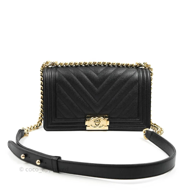 Chanel Chevron Medium Boy Black Caviar Gold Hardware