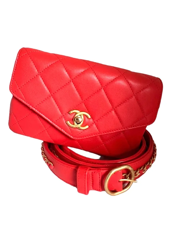 Chanel Turnlock Red Calfskin GHW Belt Bag Size 95cm SKC1688