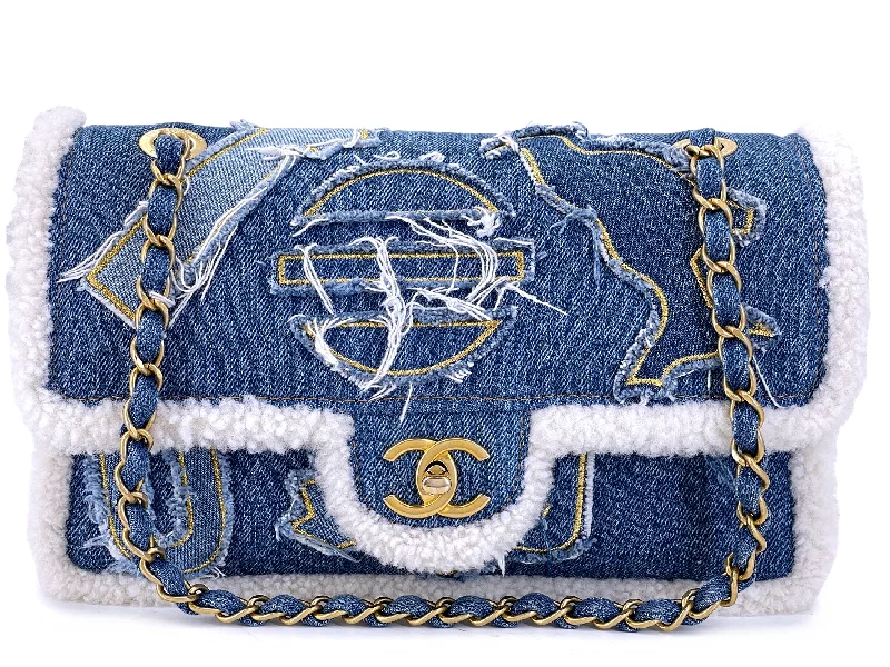 Chanel 19A Egyptian Denim Blue Shearling Hieroglyphic Medium Flap Bag Paris-NY GHW 259