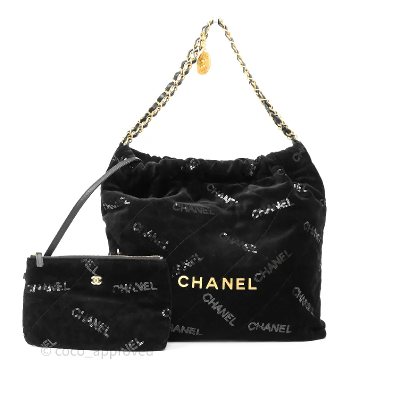 Chanel 22 Medium Sequins Logo Black Velvet