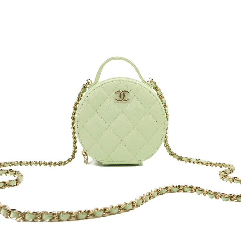 Chanel Mini Round Vanity Bag Handle With Care Light Green Caviar 22C