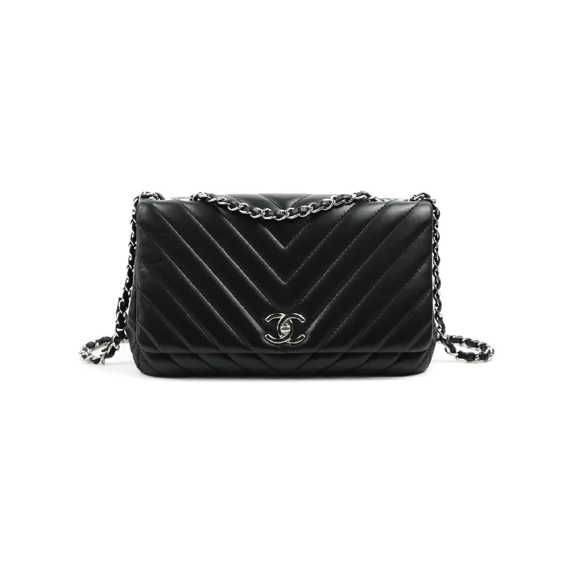 Chanel Surpique Chevron Medium Flap Black Silver Hardware